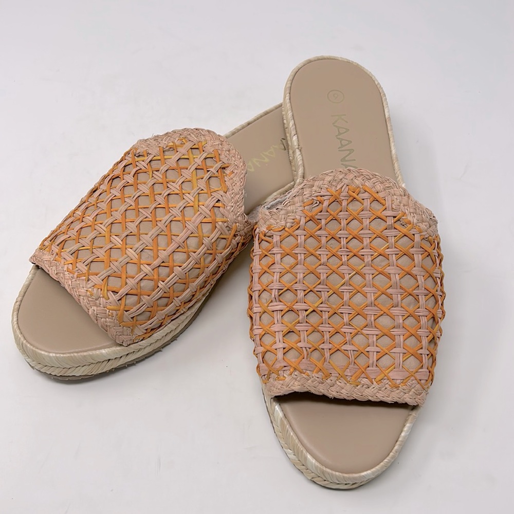 Kaanas Orange Straw Espadrille Handmade Slip On Flat Sandals Size 9
